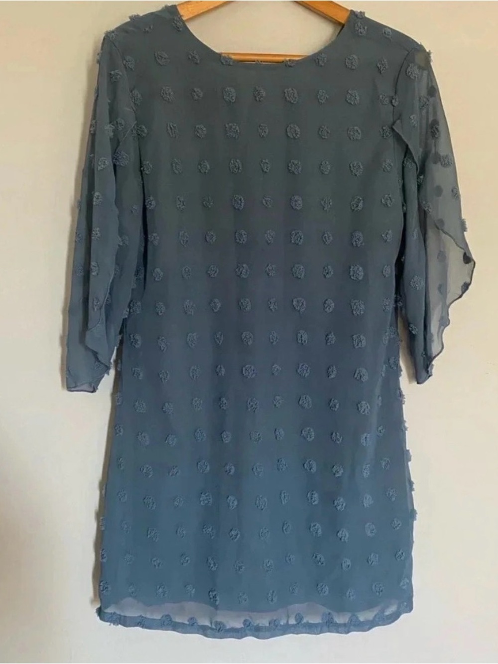 Belongsci Light Blue Swiss Dot Flutter Sleeve Dress Size Small